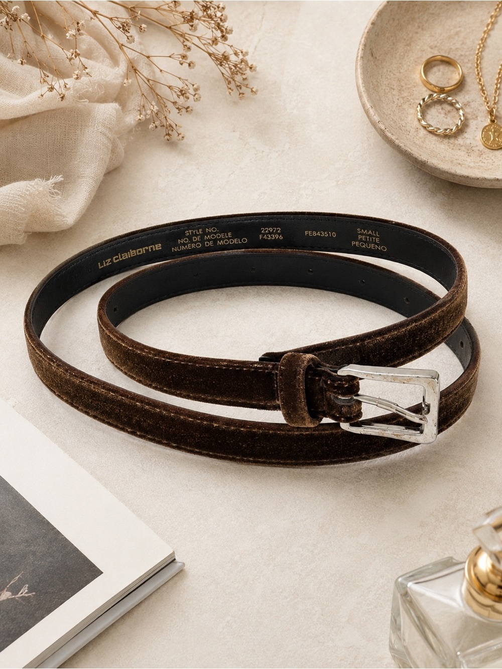 Liz Claiborne Brown Velvet Skinny Belt Small Silver Buckle Vintage Style